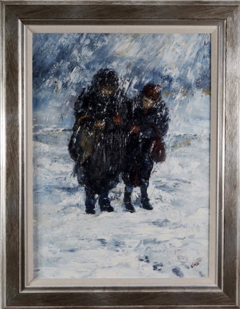 Snow Storm (Stockholm) – Oil on canvas – 2ft 6” x 2ft – framed - The original work of this oil painting was drawn in ink, practically in real time.